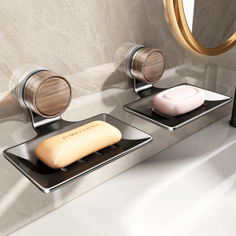 优勤胡桃木纹吸盘肥皂盒壁挂式免打孔浴室卫生间香皂碟沥水置物架