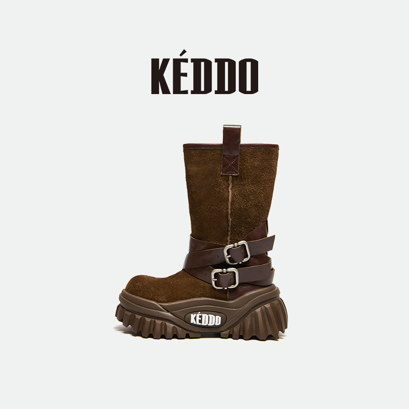 KEDDO“键盘鞋”复古琥珀风短靴西部牛仔靴时尚高帮女靴中筒骑士靴