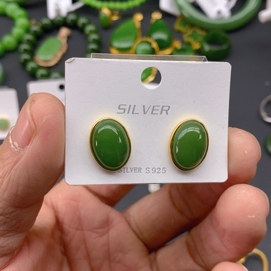 和田玉（碧玉）耳饰银S925镀金镶嵌
