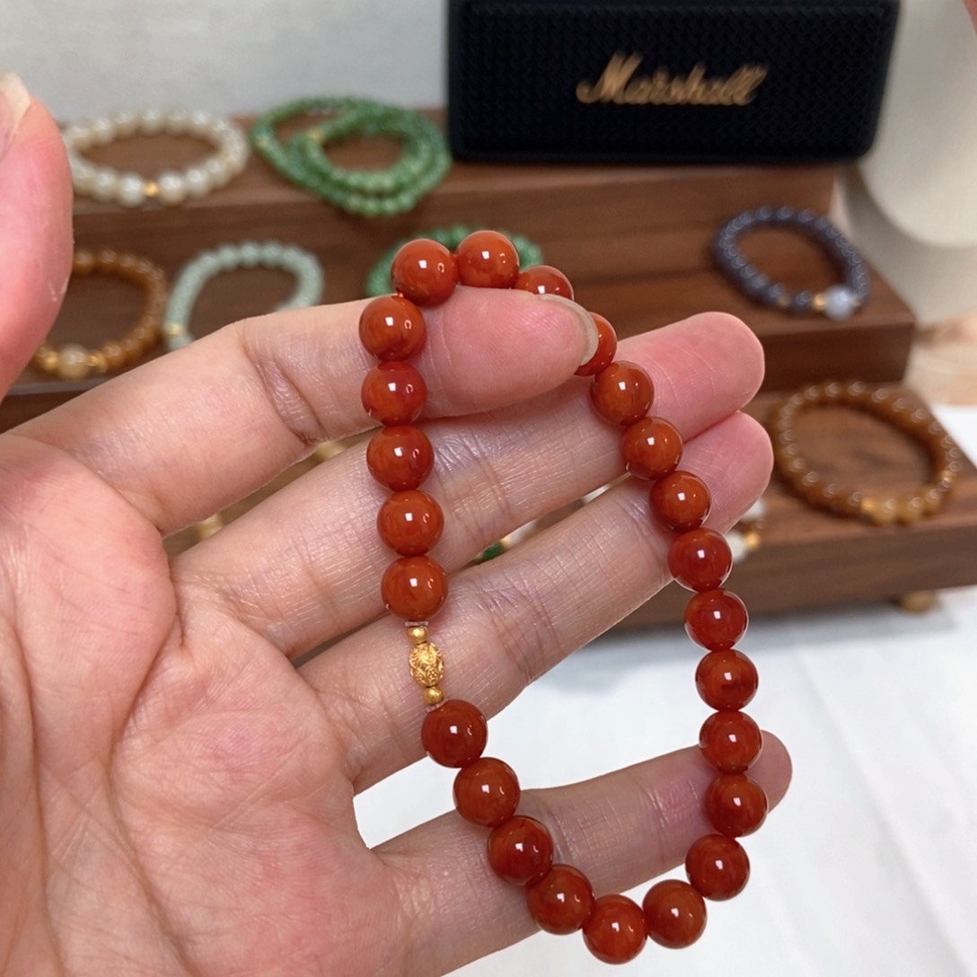 手链18K金镶嵌南红玛瑙7.5mm南红