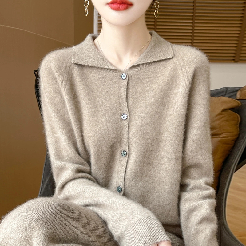 100%秋冬新款翻领羊毛开衫女纯色宽松插肩袖毛衣气质百搭外套上衣