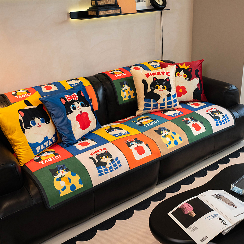 简约时尚卡通风小猫沙发垫夏季冰丝凉感透气沙发坐垫防滑沙发套罩