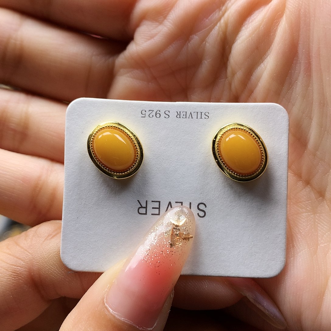 蜜蜡耳饰银S925镶嵌耳钉