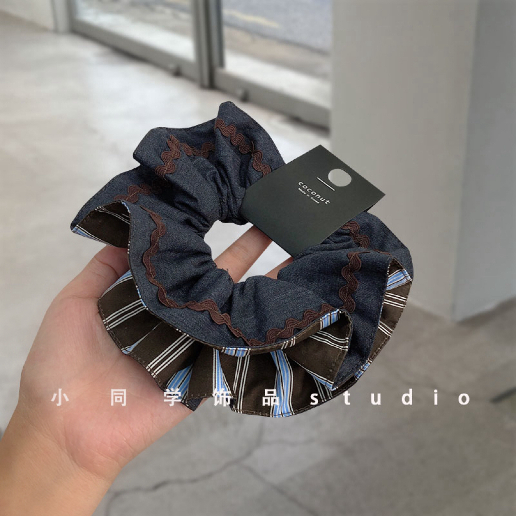 韩国发饰2025新款高级精致香味西服牛仔面料条纹小蛮腰发圈大肠圈