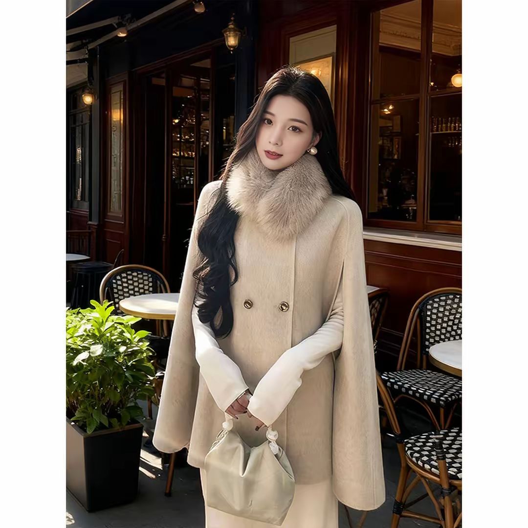 富家千金感黑色显瘦双面羊绒斗篷大衣女2025大毛领毛呢外套小个子