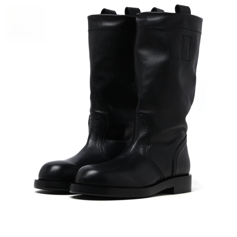 马皮长靴女长筒靴修饰腿型褶皱中筒宽筒显瘦百搭一脚蹬骑士靴大码