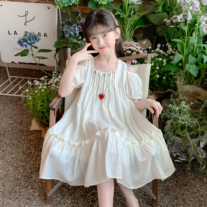 2025夏季新款女童露肩公主裙女童夏装连衣裙时尚中大童甜美蓬蓬裙
