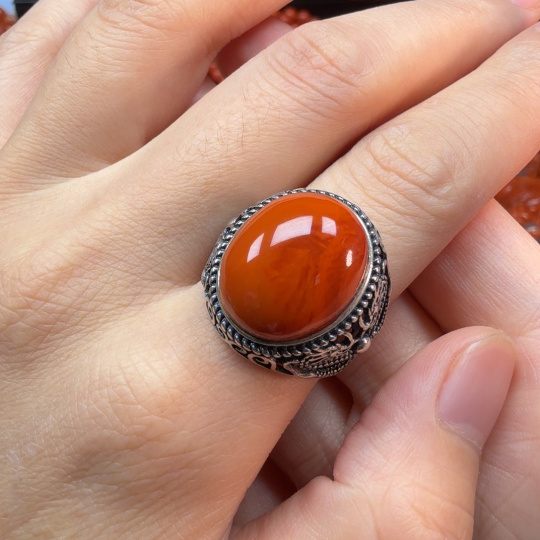 马***成南红玛瑙银S925镶嵌戒指