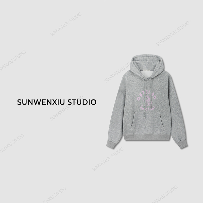 swx studio5店 “小粉卫衣”韩系减龄撞色印花连帽加绒加厚保暖卫衣