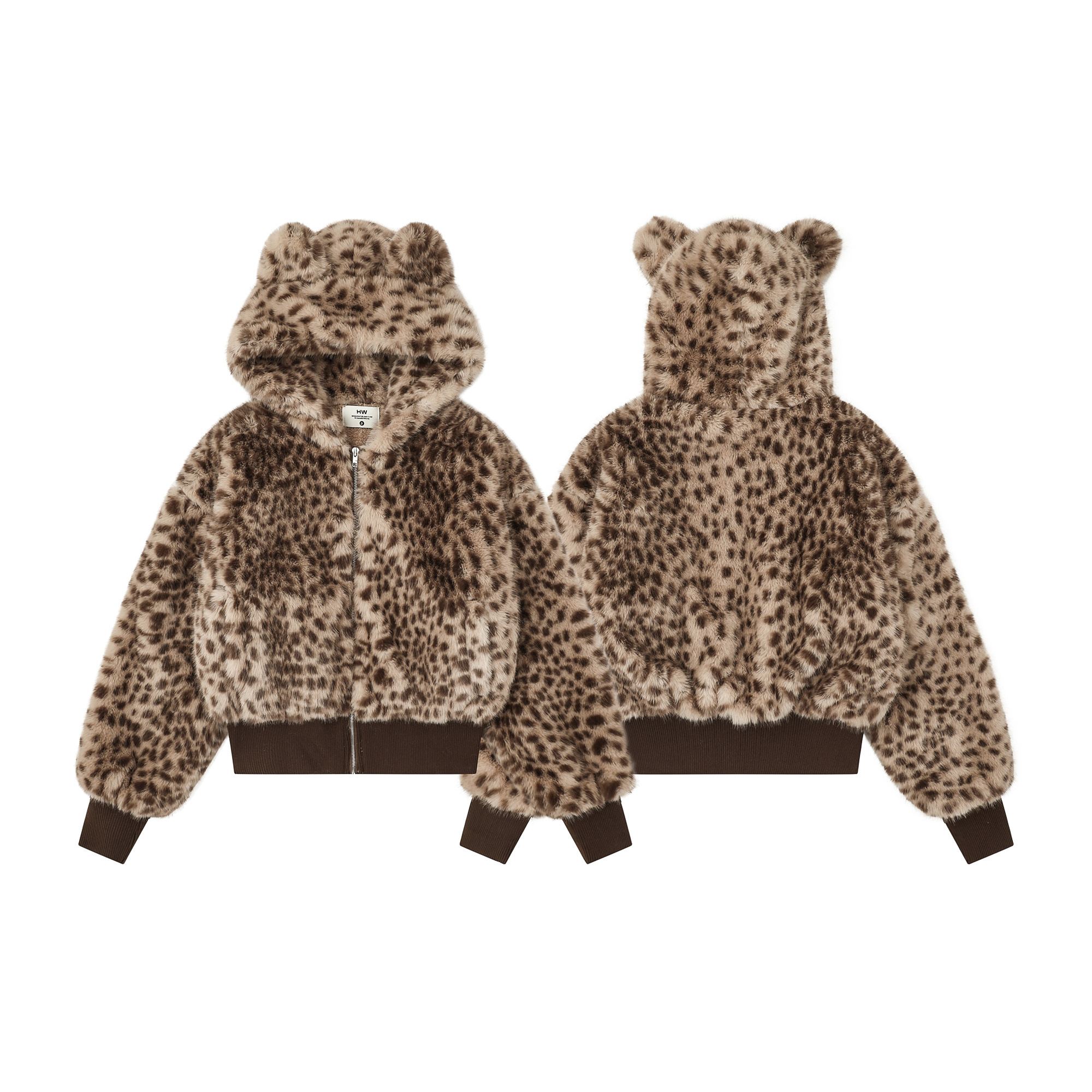 TOM潮 韩系氛围感慵懒绒绒豹纹连帽耳朵短外套夹棉上衣百搭个性