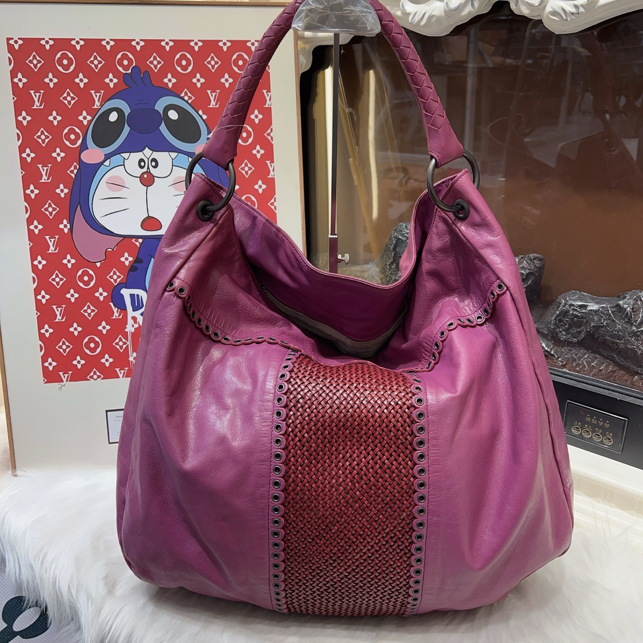 95新 BOTTEGA VENETA/葆蝶家 bv葡萄紫拼皮42底长单肩包a6477