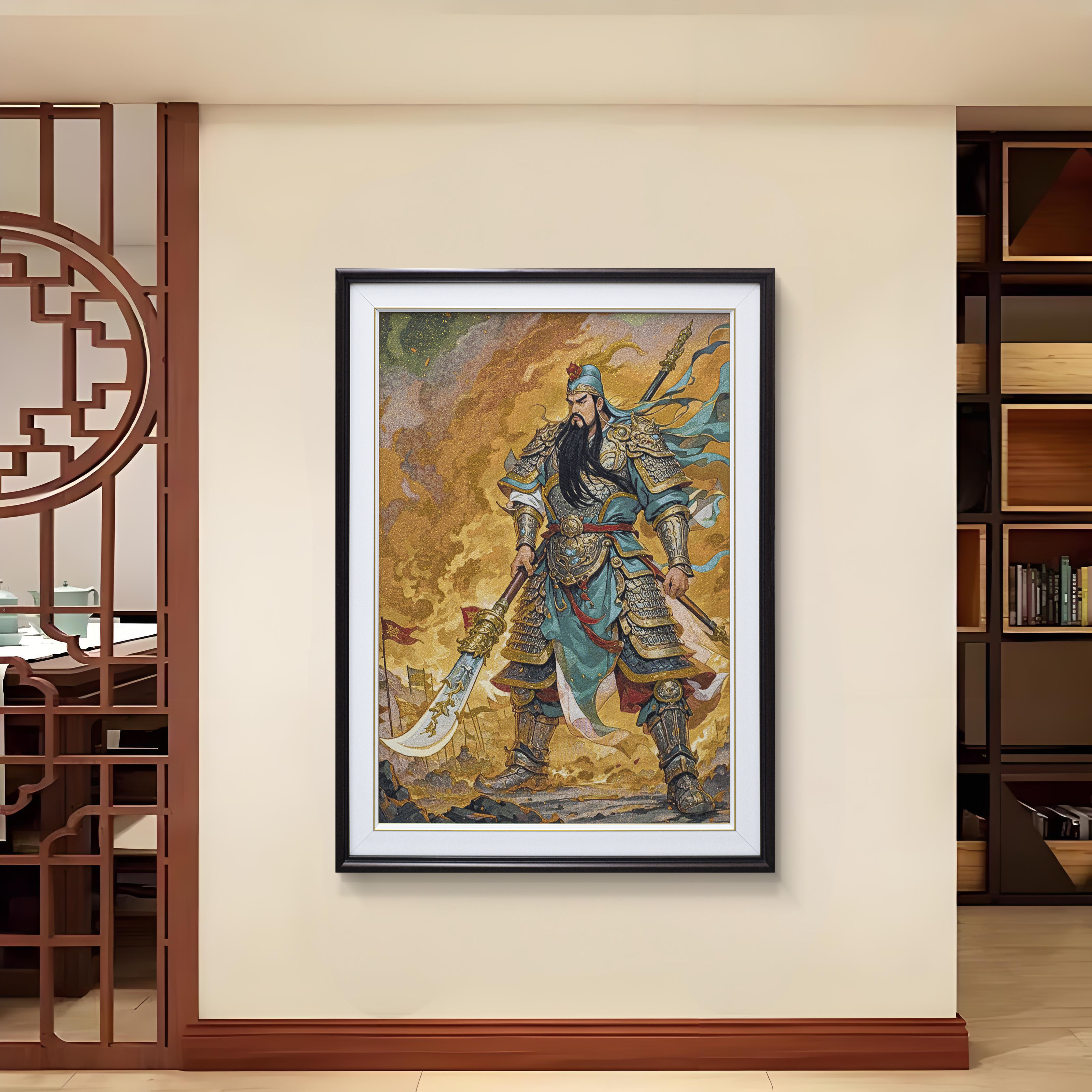 益师傅)新中式唐卡刺绣武财神关公装饰画客厅书房玄关画关公75100