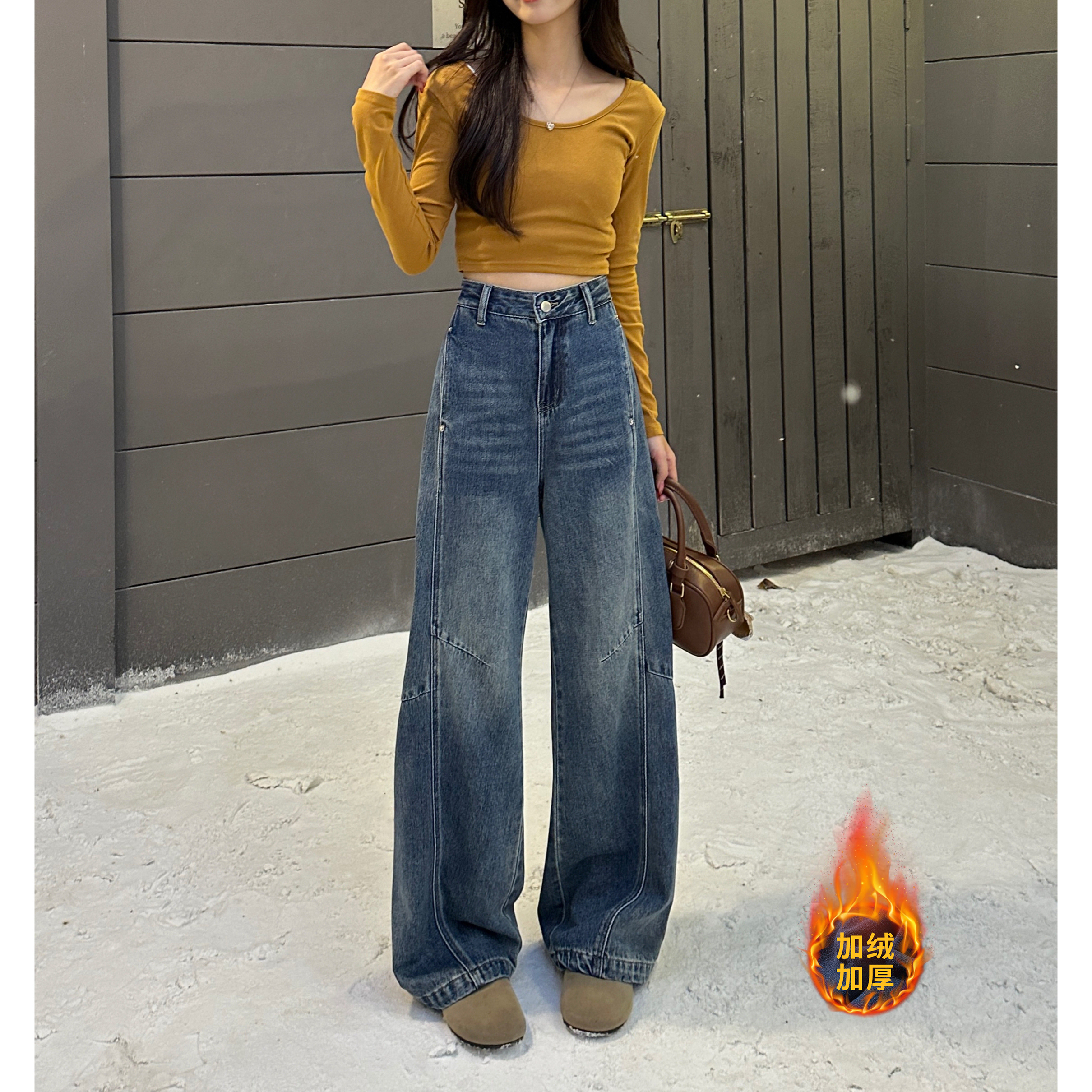 7654设计感显瘦遮肉直筒弯刀裤牛仔裤女秋冬新款垂感高腰宽松C