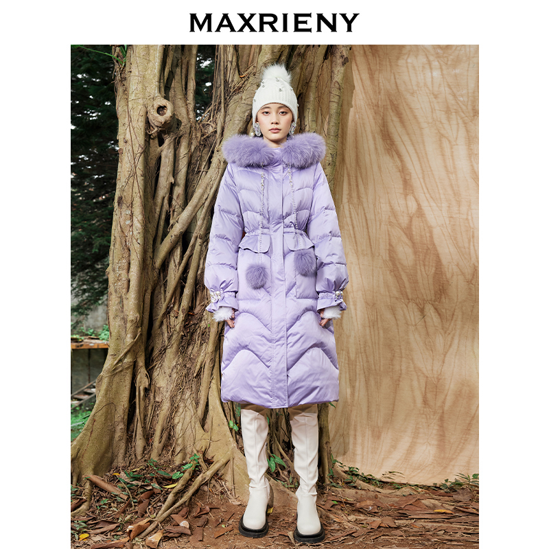 MAXRIENY复古宫廷连帽中长款加厚防风收腰保暖冬季狐狸毛领羽绒服