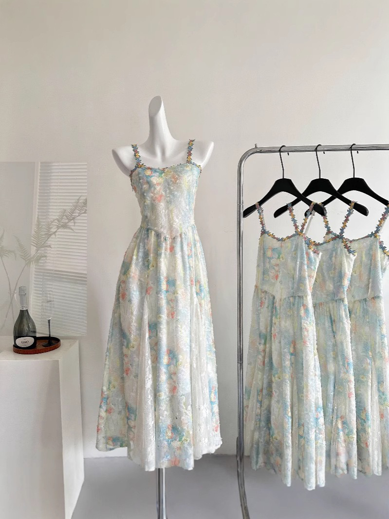 直播间过款99-179碎花连衣裙长裙裙子提花气质优雅中长款设计师