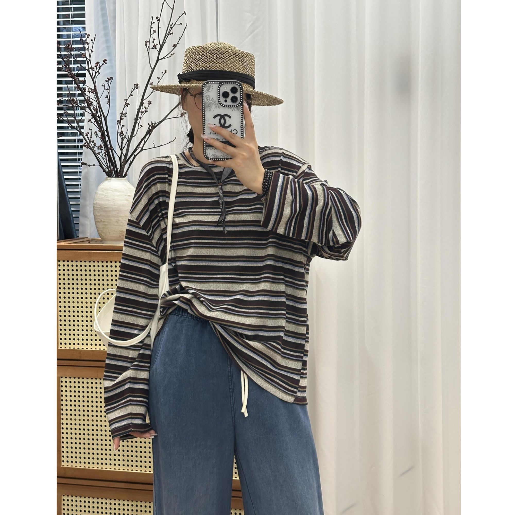 复古撞色圆领长袖T恤撞色设计韩系秋季宽松休闲慵懒风条纹磨毛衫