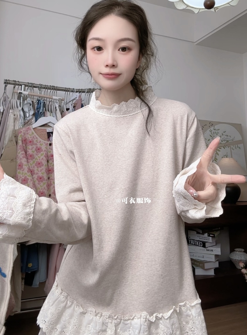 可衣-【白蘑菇】森系新款蕾丝花边领彩棉T恤打底衫长袖秋冬带下摆