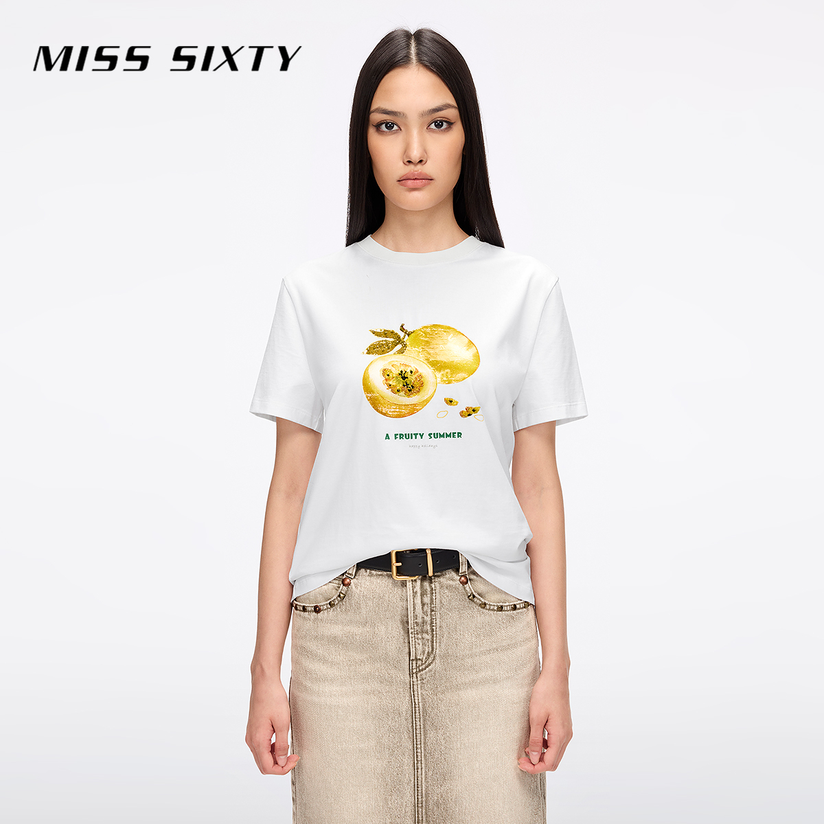 Miss Sixty2025夏季新款T恤女重工钉珠撞色水果印花短袖圆领上衣