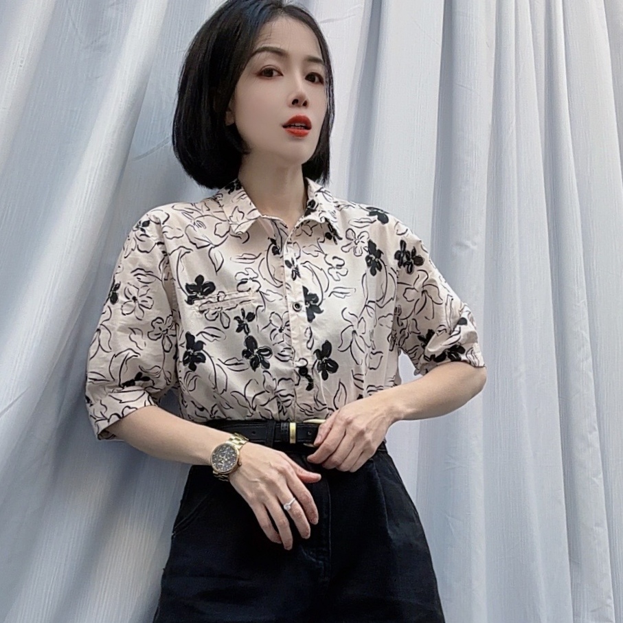 H091设计感花色棉衬衫女2025春季新款休闲时尚减龄百搭短袖衬衣潮
