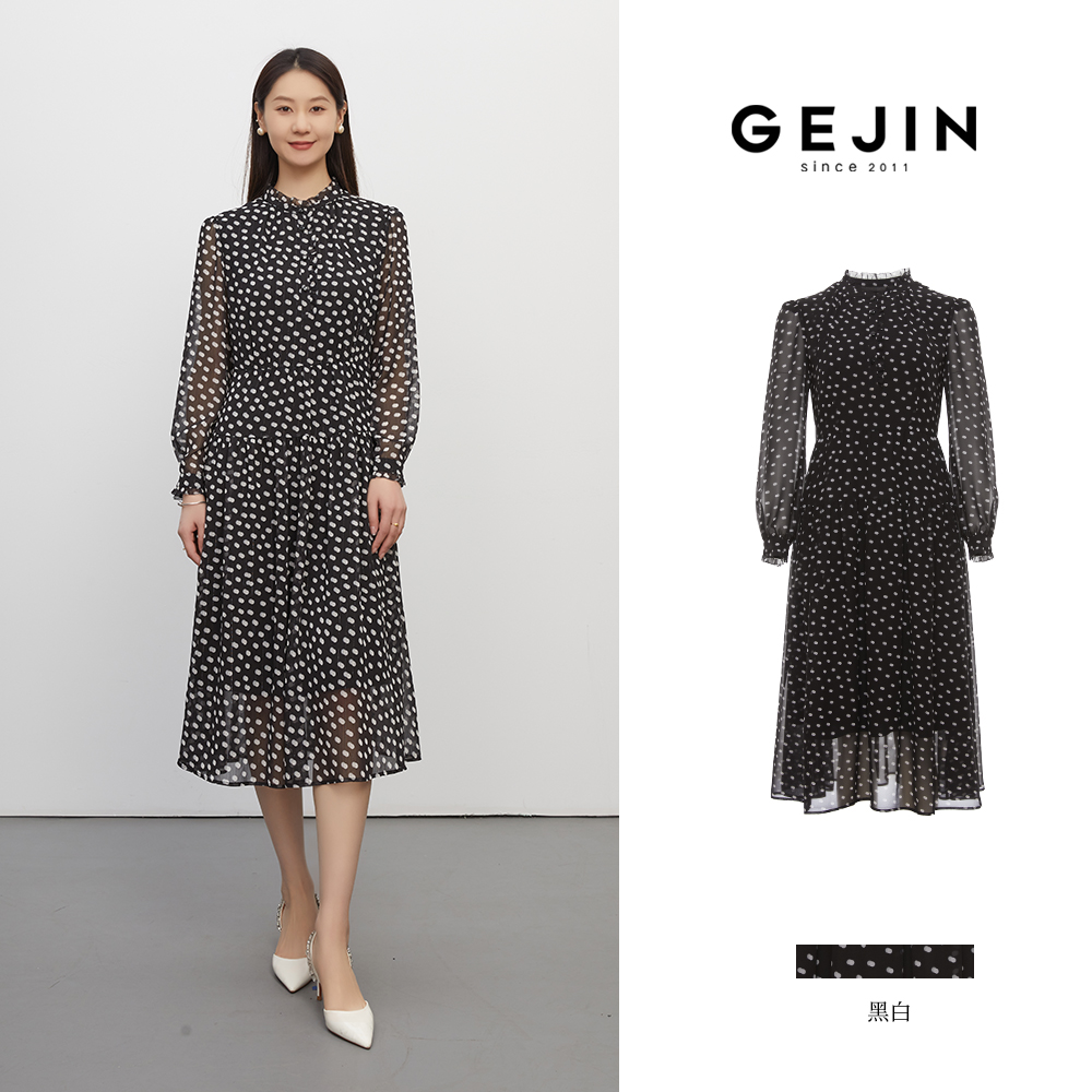 GEJIN/歌锦文艺复古黑白波点摩登优雅气质显瘦连衣裙9322550364