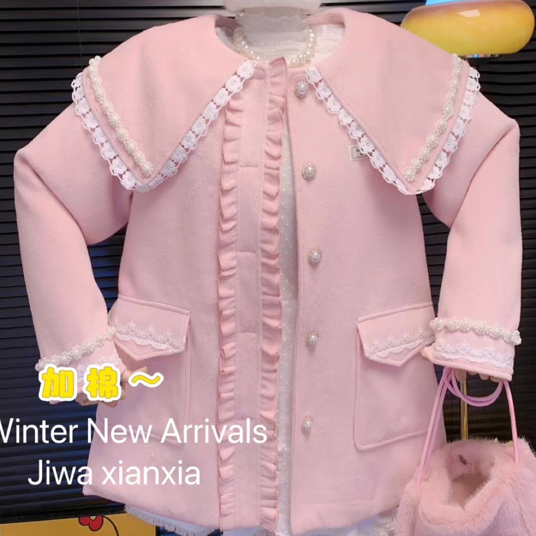 媛媛欧货  实拍正版娃娃领加棉花边甜美减龄保暖宽松大版外套