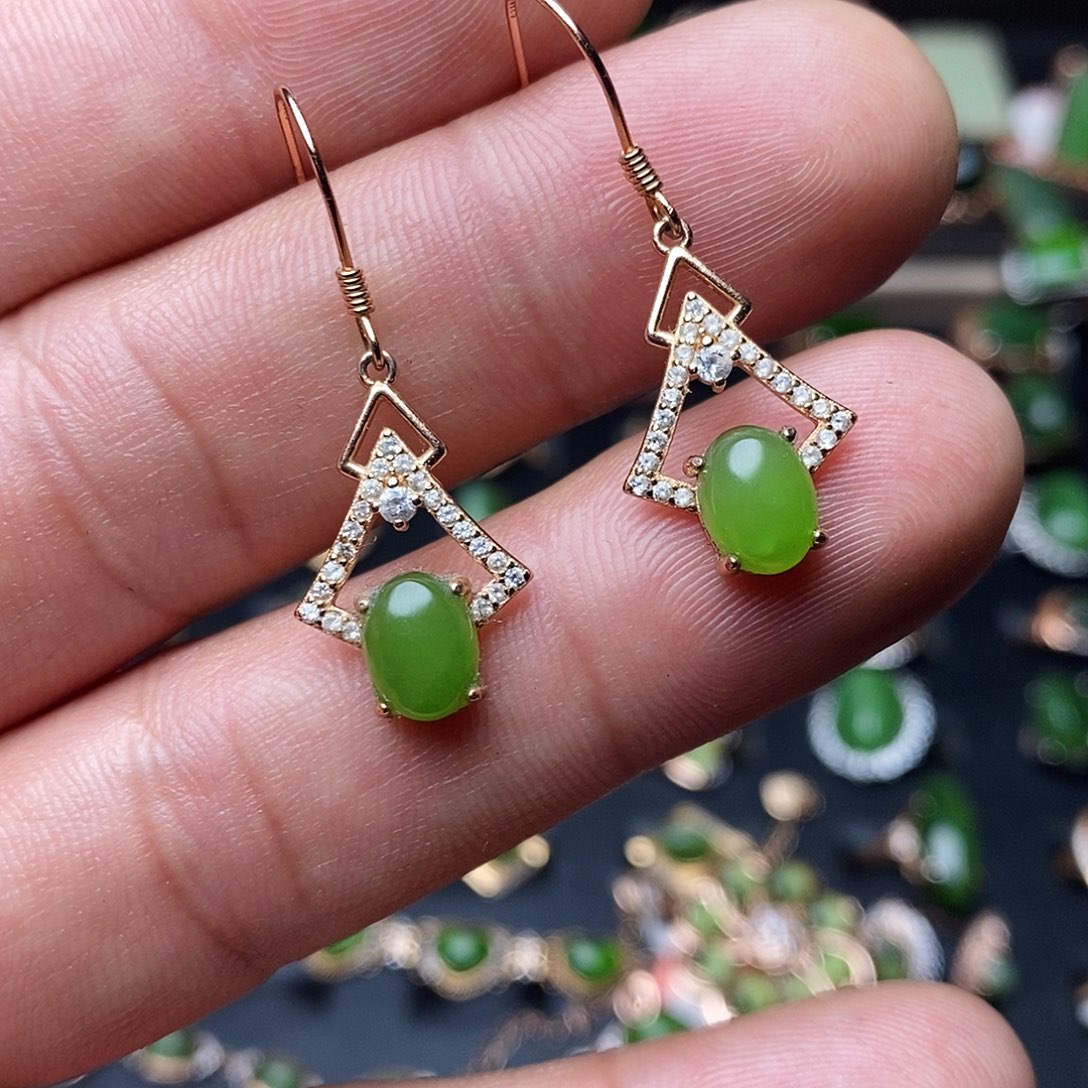 和田玉（碧玉）耳饰银S925镶嵌