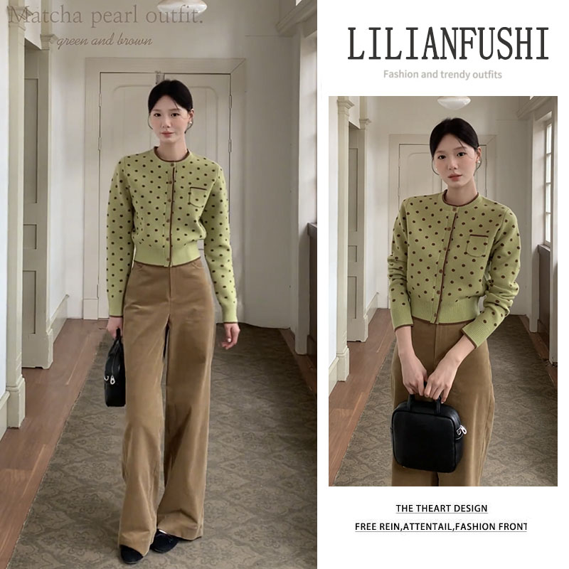 韩系穿搭2025秋冬新款百搭波点长袖针织开衫显瘦高腰阔腿裤两件套