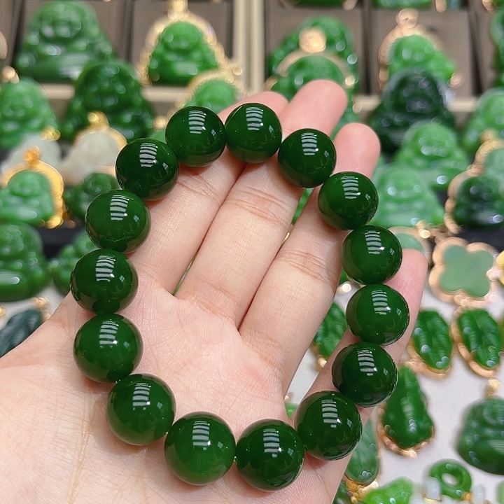 和田玉（碧玉）手串未镶嵌14m菠菜绿单圈