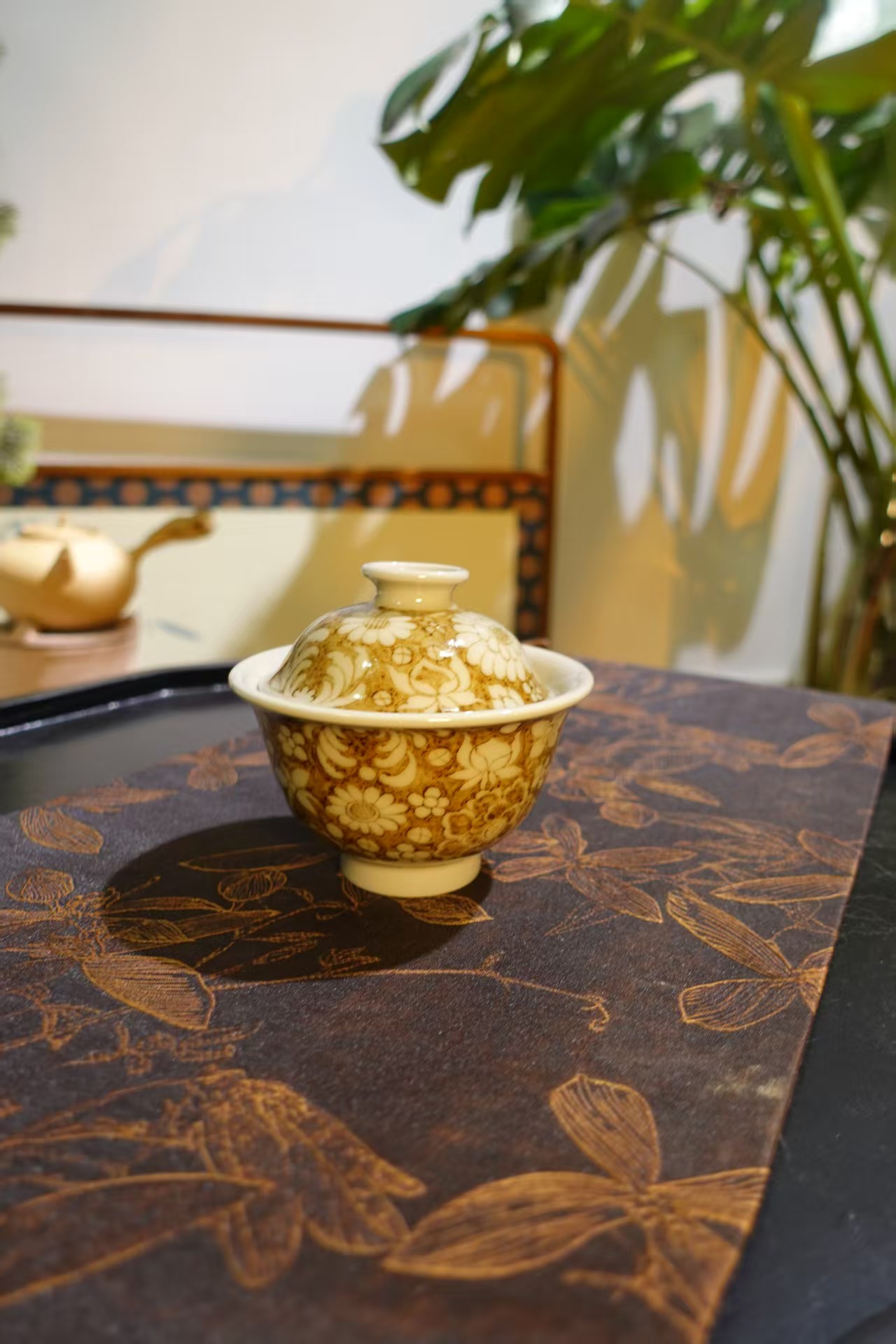 怀元畅古釉里金万花金底盖碗景德镇泡茶器具纯手工复古