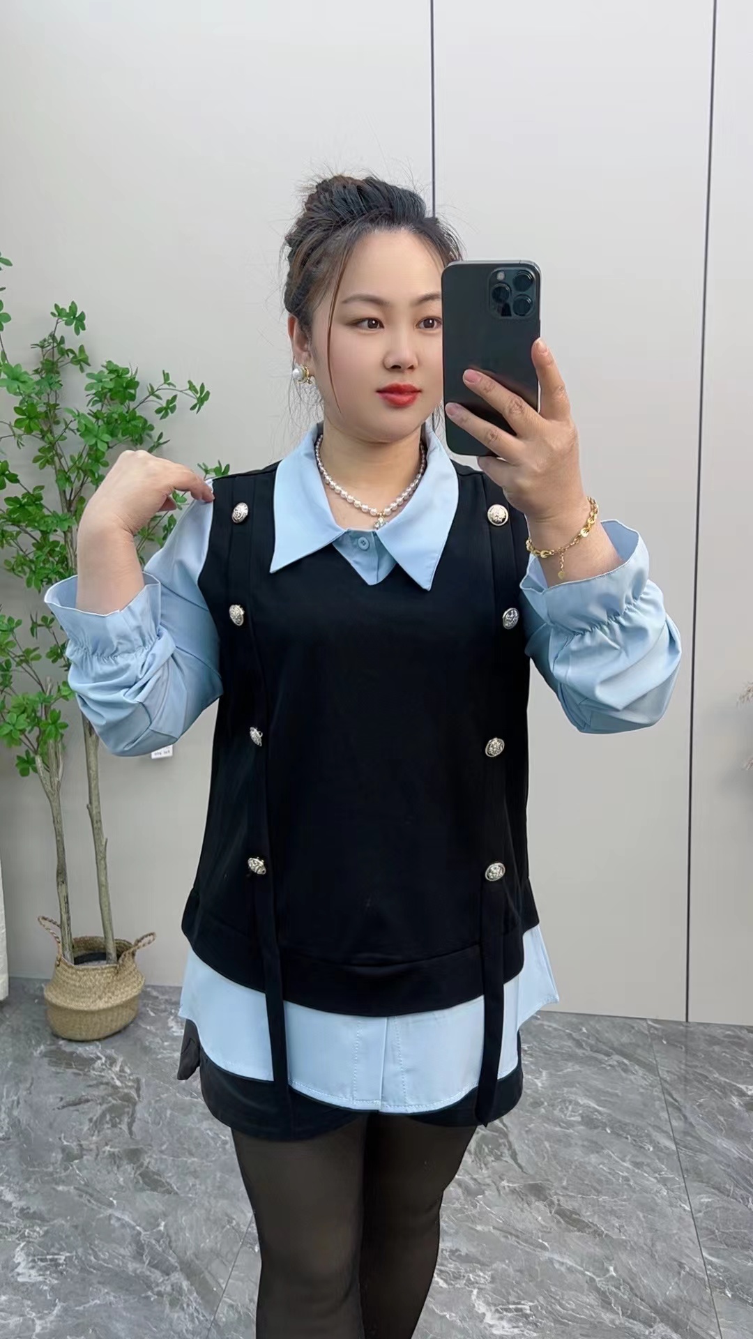 假两件衬衫女大码2025春季新款胖mm时尚拼接显瘦遮肉减龄长袖上衣