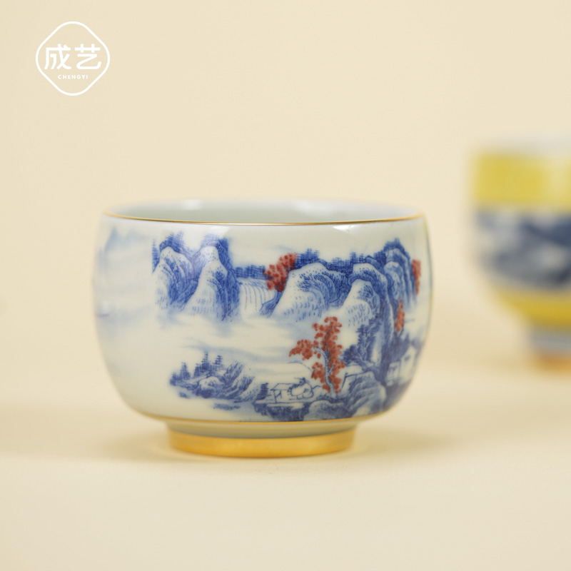 陶瓷成艺山居图聚香杯主人杯手绘白瓷柴窑描金禅定杯罗汉杯复古