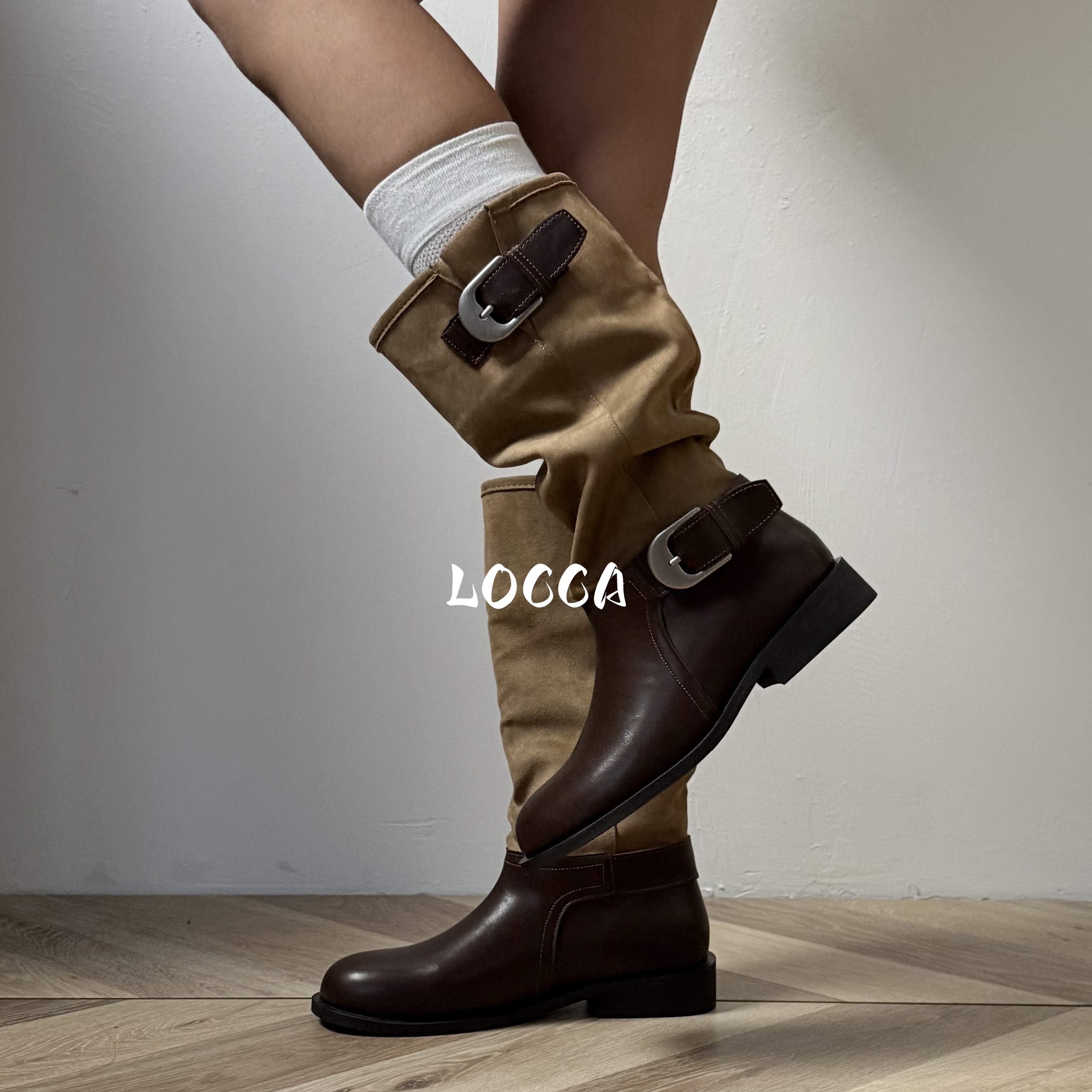 金属搭扣长筒堆堆靴麂皮圆头中筒靴两穿靴子女 MC