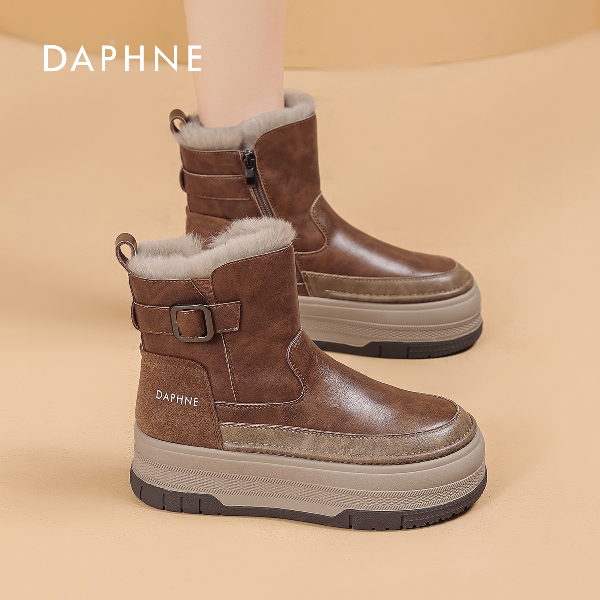 Daphne/达芙妮女鞋2025冬季高帮鞋厚底增高加绒保暖休闲6406 D