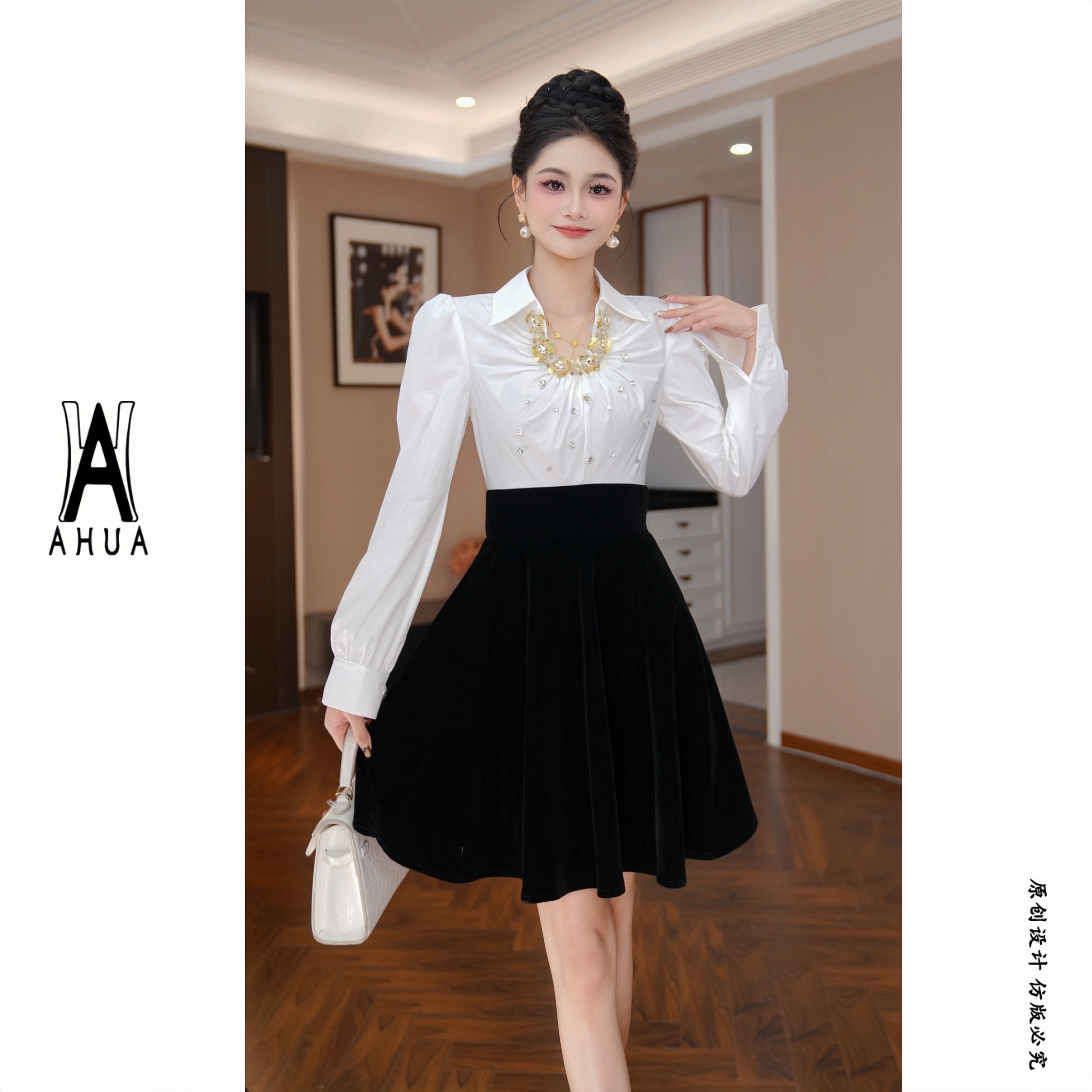 【花花原创】新款黑白拼接气质时尚高腰显瘦秋冬千金风裙子65510