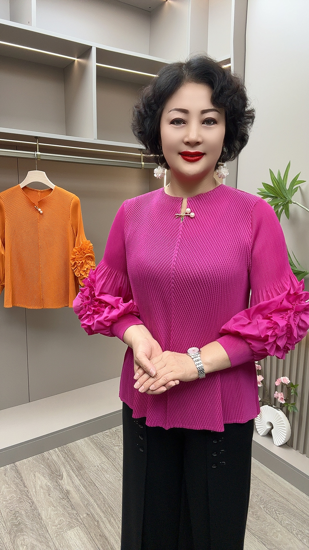 14#褶皱 衣长63 春季时尚洋气袖花褶皱小衫 妈妈衫