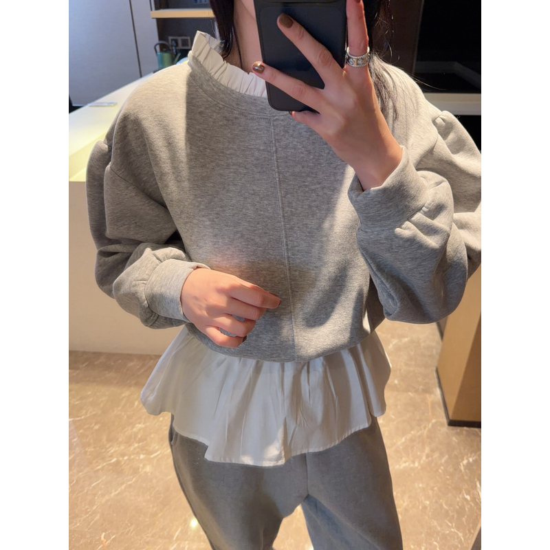 【张静芝】韩国新品~下摆松紧腰拼撞色花边洋气灰色女生卫衣