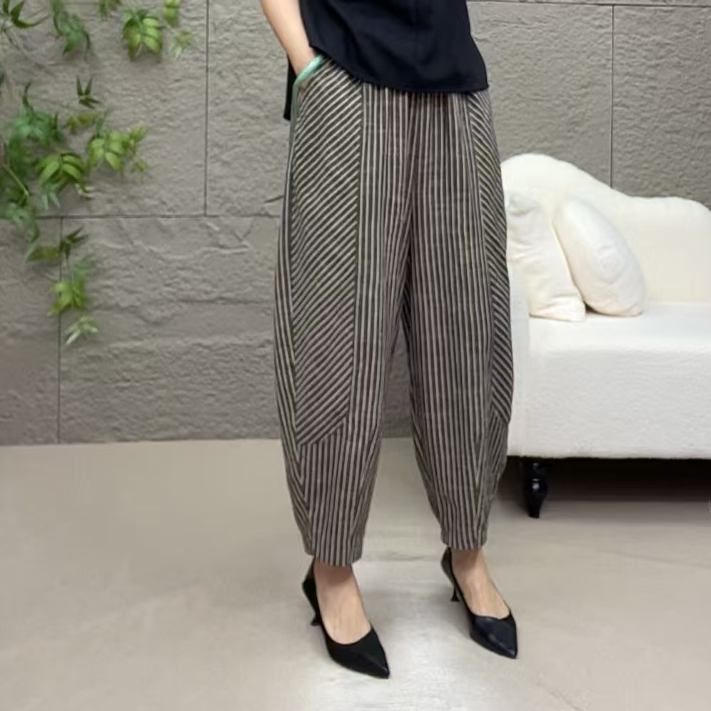 999早秋新款时尚洋气百搭显瘦宽松条纹紧腰哈伦裤
