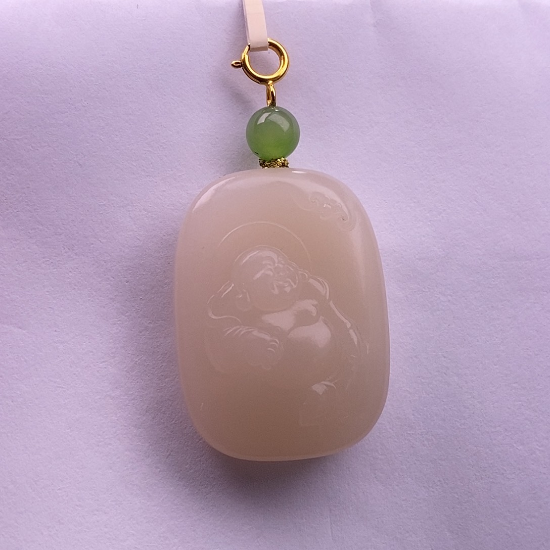 颈饰未镶嵌和田玉收藏级熟藕粉脂膏级老矿红粉金镶喜乐佛