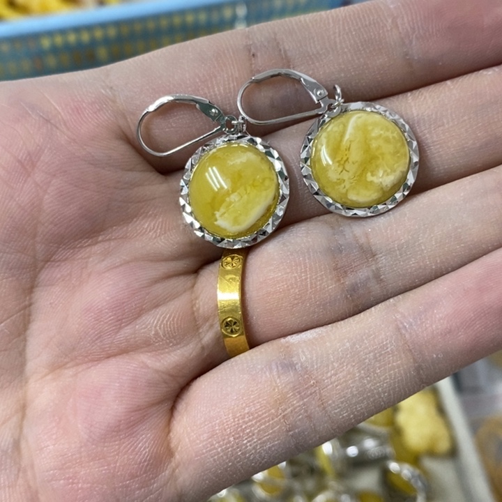 蜜蜡裸石银S925镶嵌耳坠