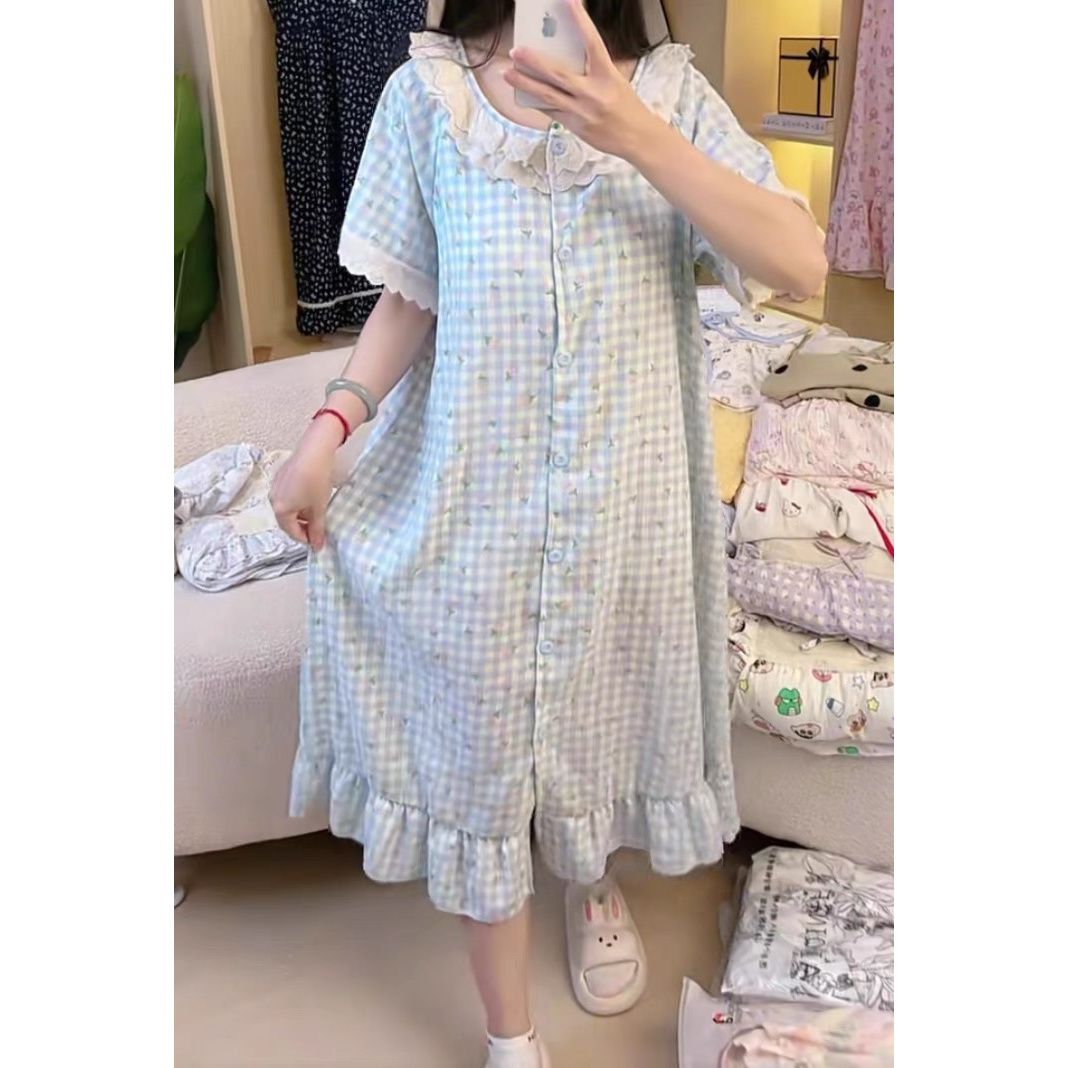 70-夏季女士甜美蓝色小碎花开衫带胸垫睡裙