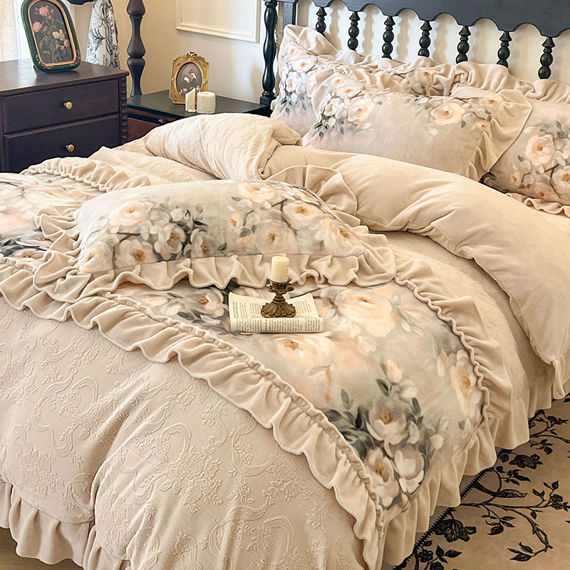 冬季加厚牛奶绒四件套公主风双面毛绒法式浪漫花边被套珊瑚绒床单