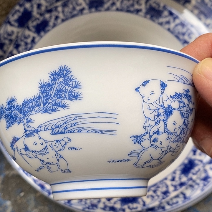 摆件陶岁*青花童子5寸米饭碗