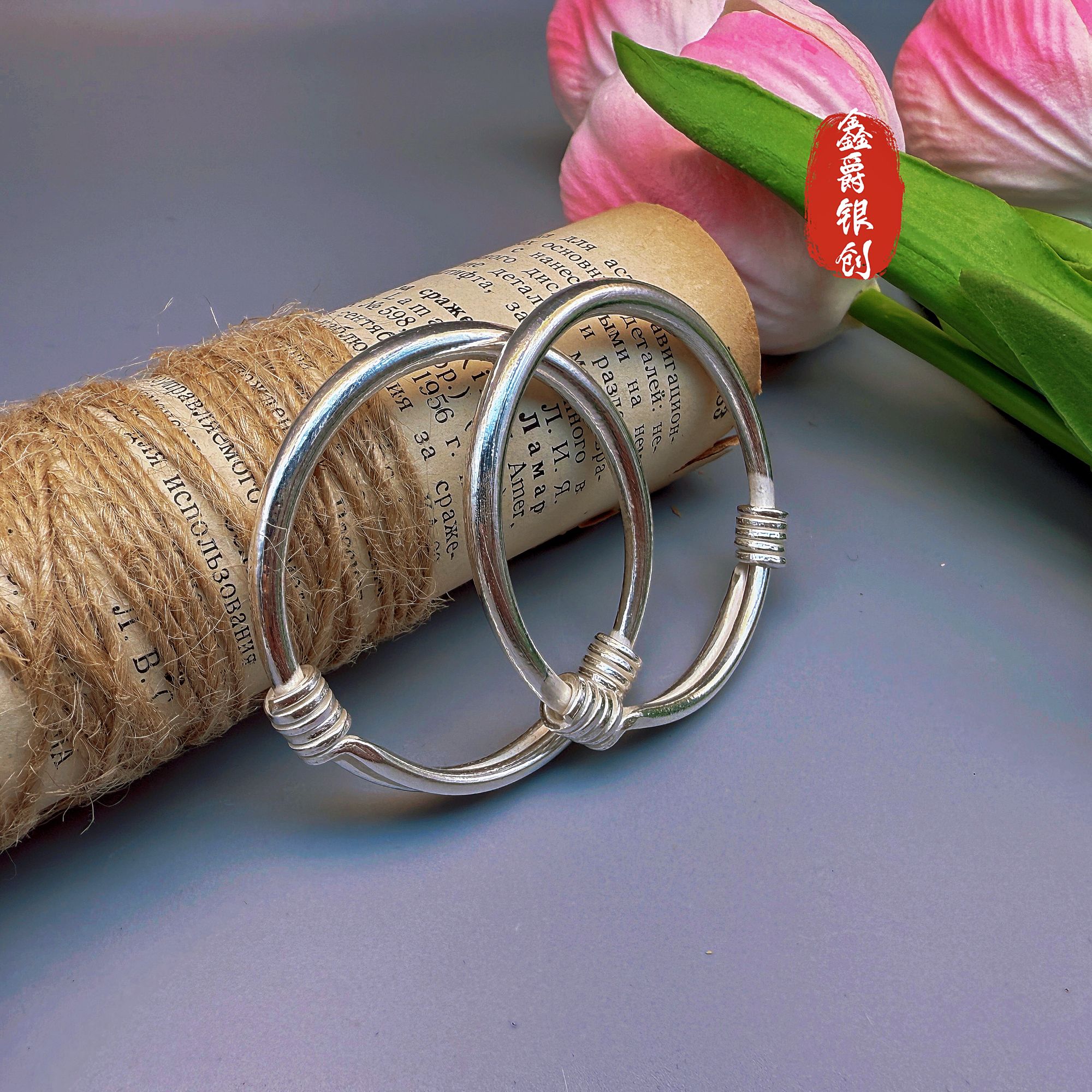 足银手镯 儿童富贵传承对镯【鑫爵银创】足银999熟银民族风纯手工