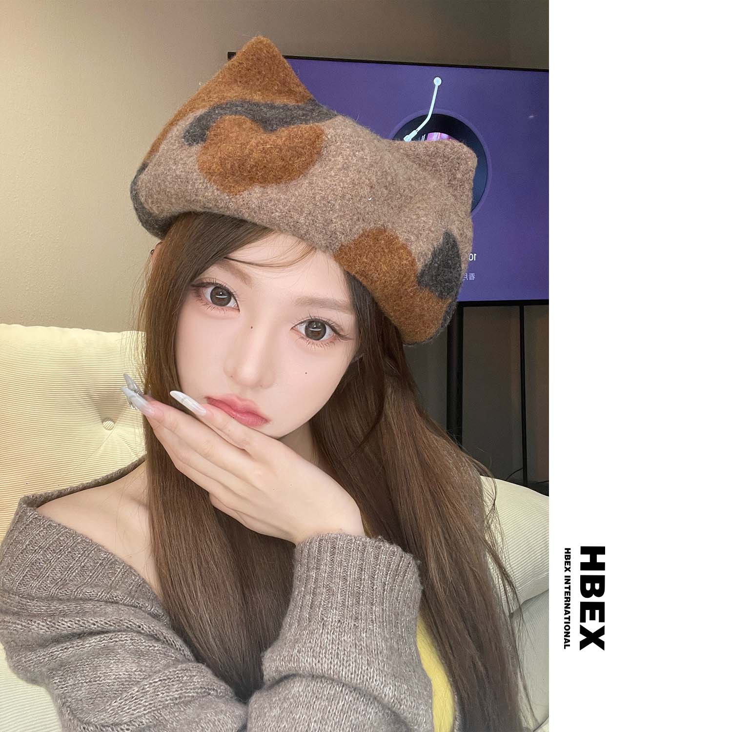 HBEX秋冬设计师款羊毛猫耳朵贝雷帽甜美可爱保暖百搭拍照蓓蕾帽子