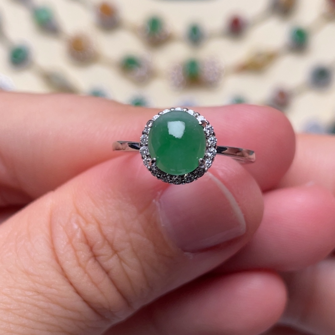 翡翠戒指银S925镶嵌纯天然缅甸翡翠