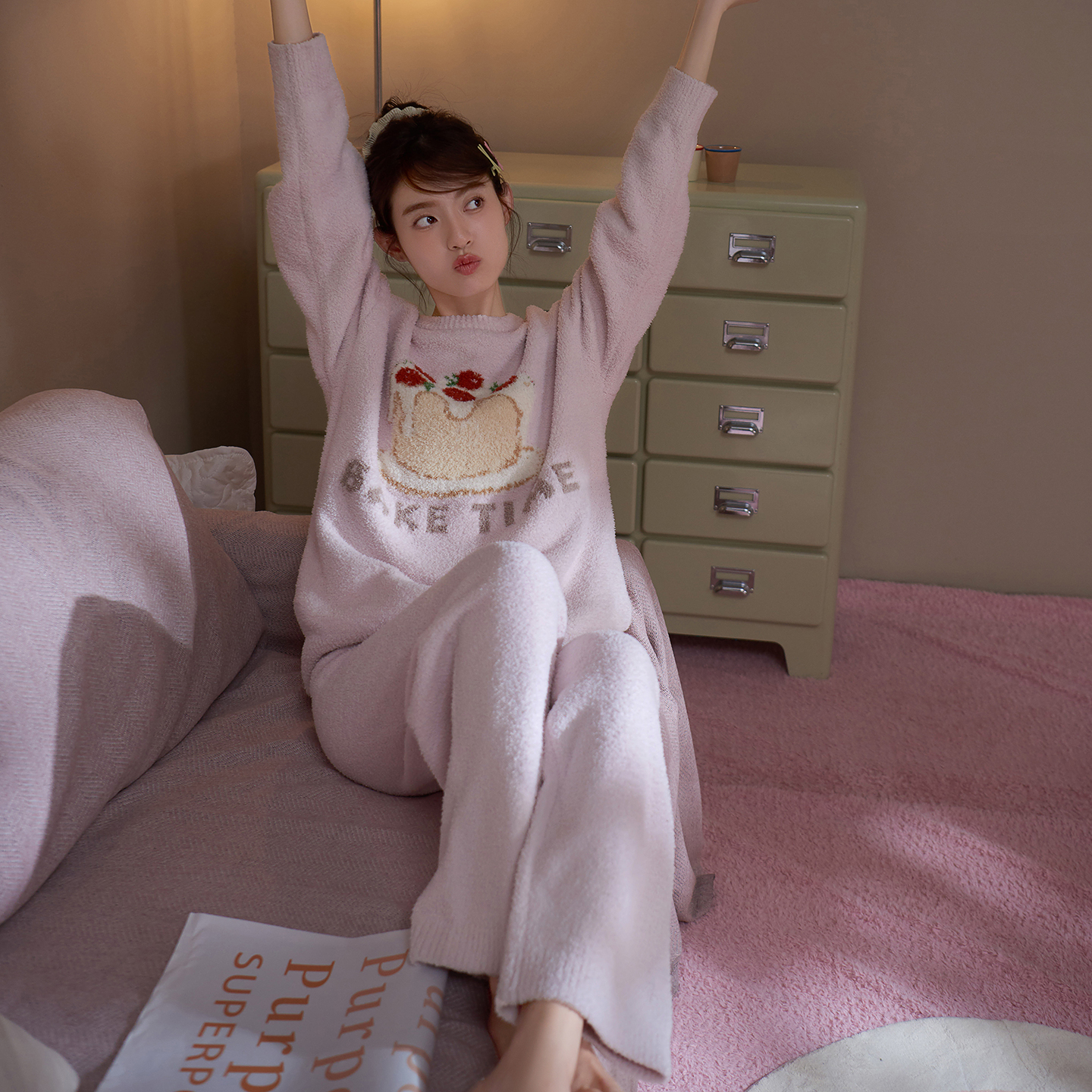 思莉太太【粗莓蛋糕】半边绒睡衣女甜美粉色宽松卡通韩版女孩家居服