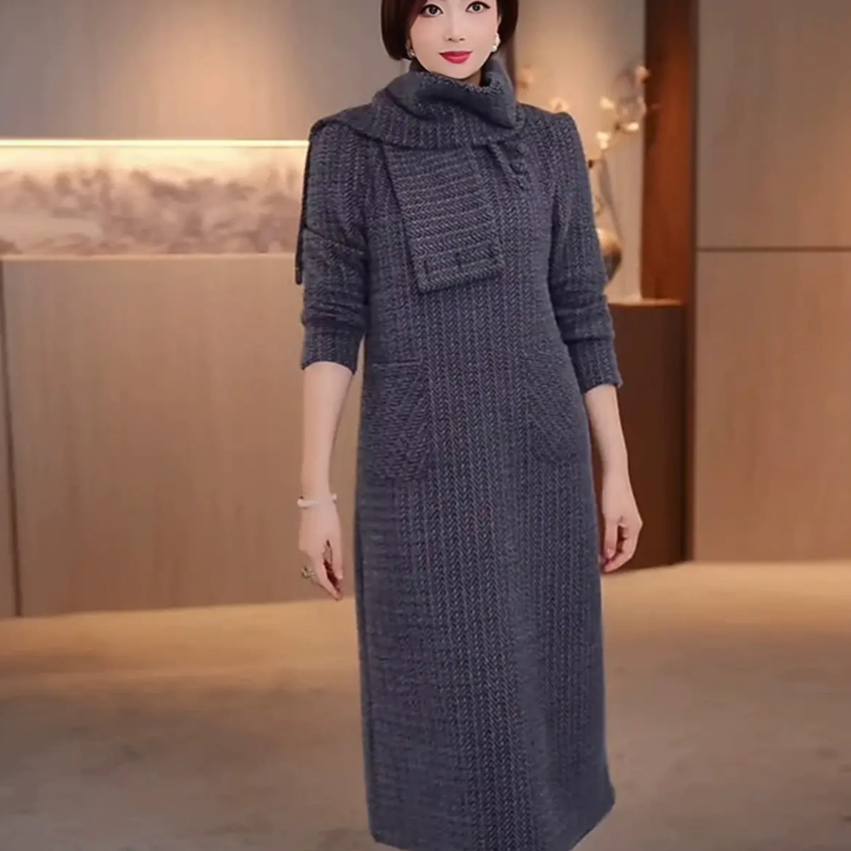 2496#5【裙长约112】高端气质加厚遮肉显瘦中长款秋冬连衣裙