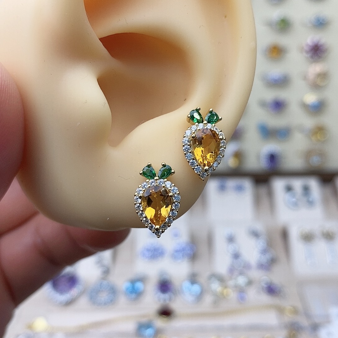 黄晶耳钉银S925镶嵌需要证书备注