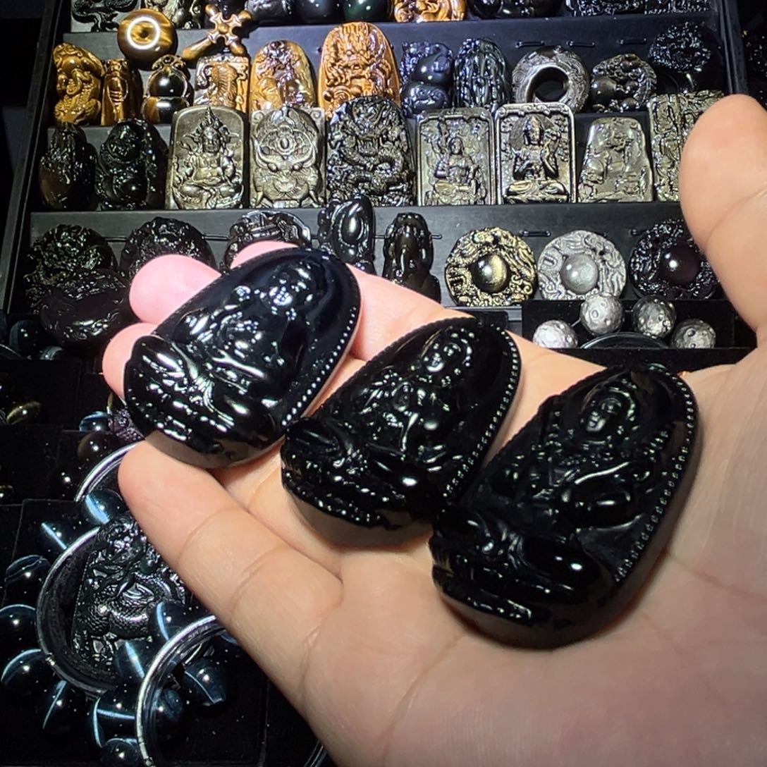 未镶嵌黑曜岩手链阿*?天然黑曜石守护虚空大日阿弥各一个