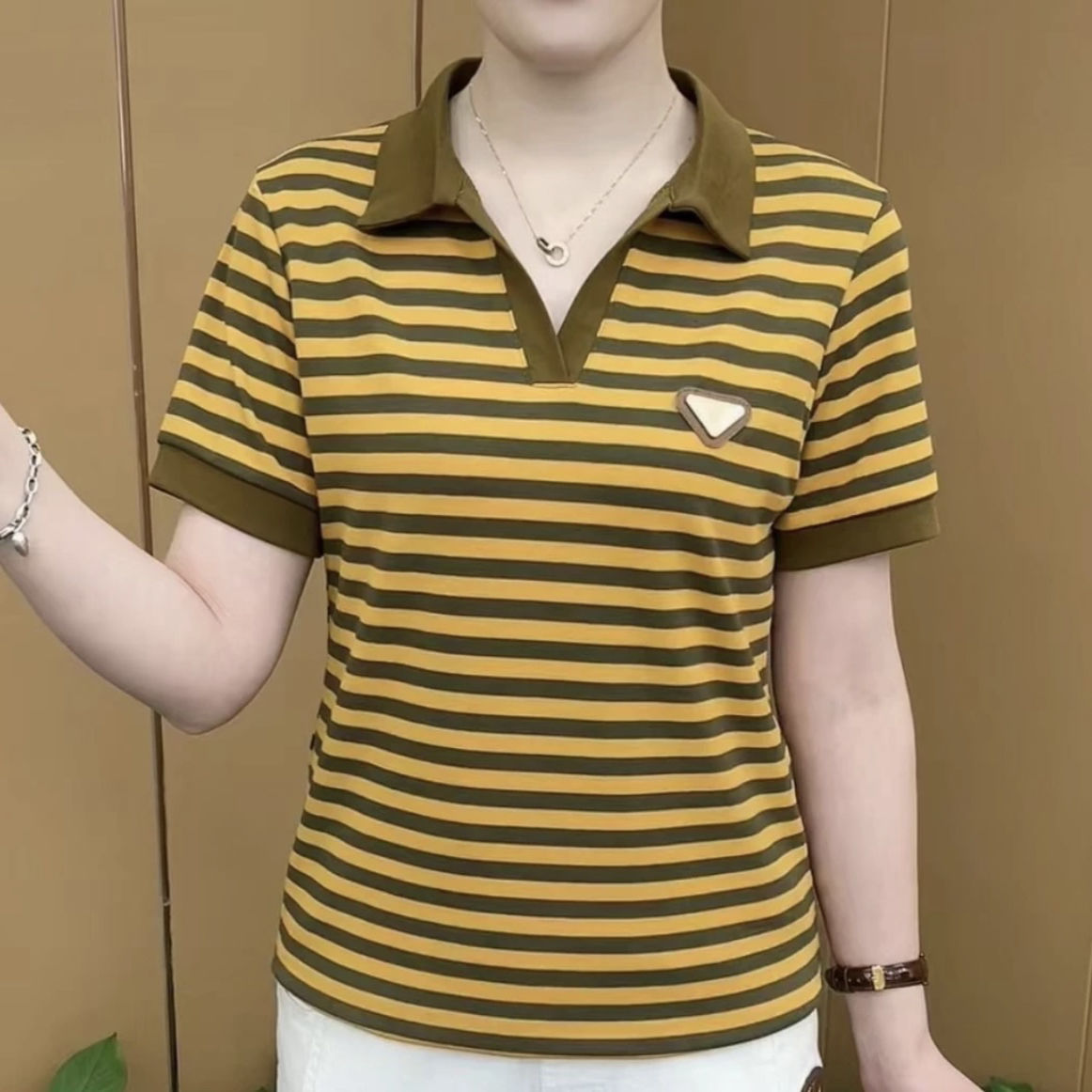 2025夏季上新气质减龄显身材时尚洋气百搭条纹翻领T恤短袖上衣
